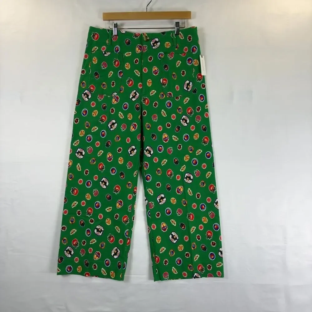 Anthropologie Green Wide-Leg Pants with Multicolor Dot Print